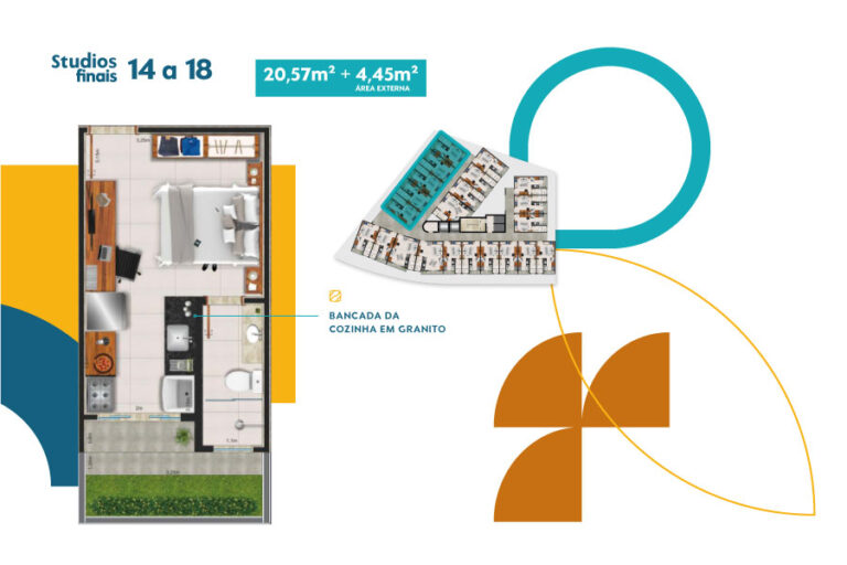 Studios finais 14 e 18- 20,57m² + 4,45m²(ÁREA EXTERNA)